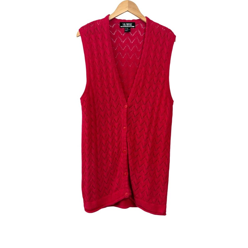 Vintage SK Wear Raspberry Red Sleeveless Knit Button-Up Vest‎ Preppy Academia